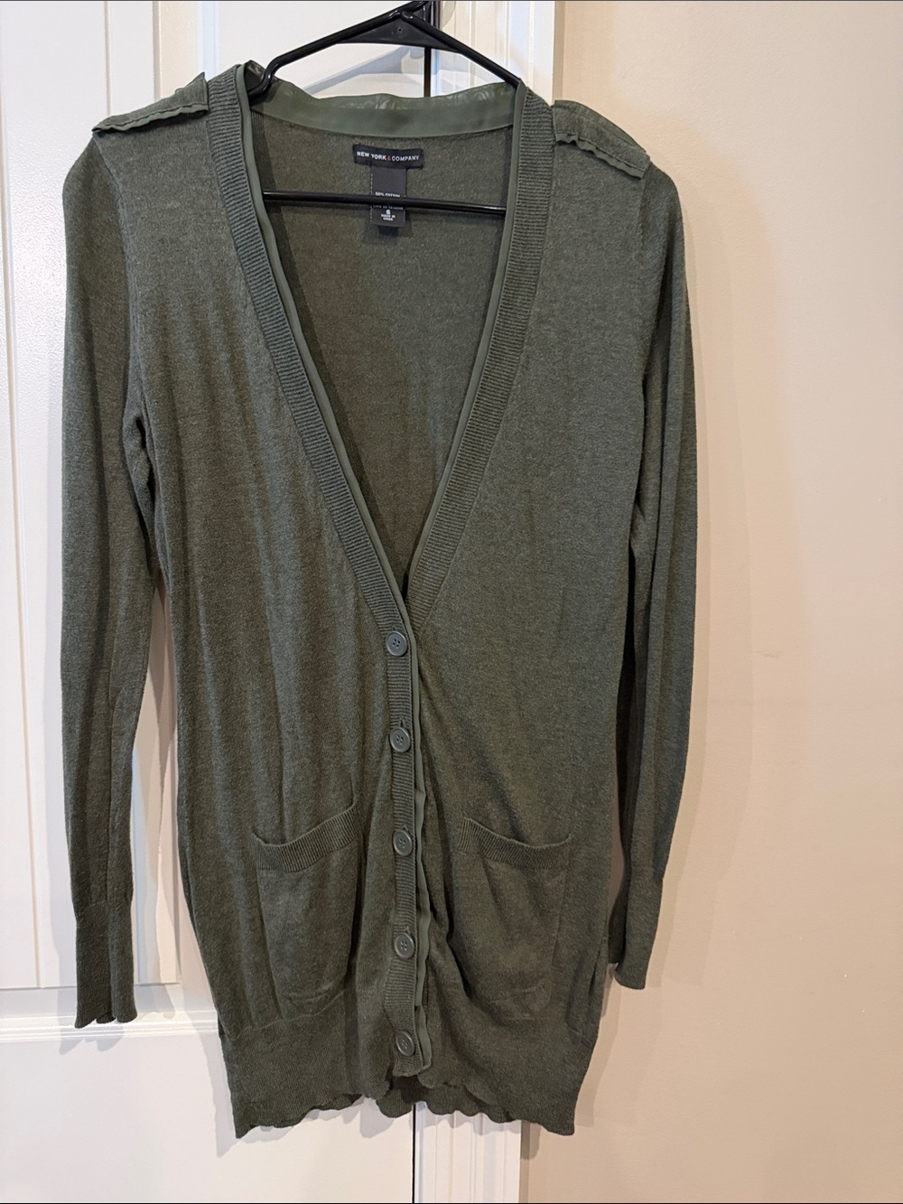 New York & Company Olive Green V-Neck Button Cardigan
